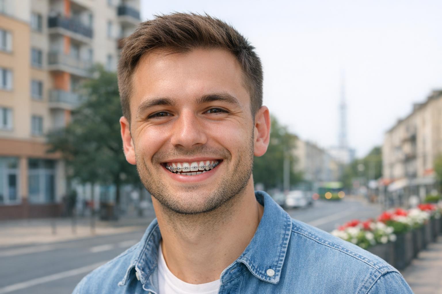 Pacjent z aparatem na zęby uśmiechający się po leczeniu na Grochowie